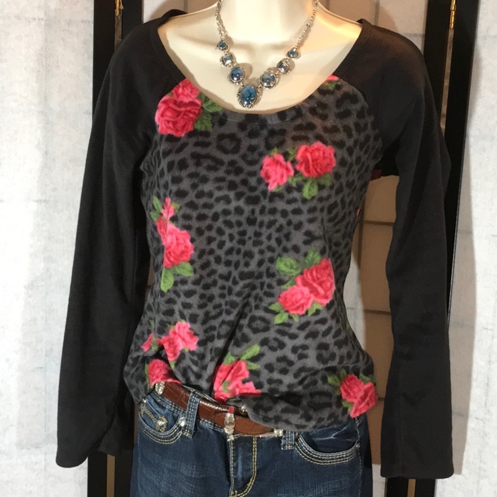 Betsy Johnson roses on leopard fleece top